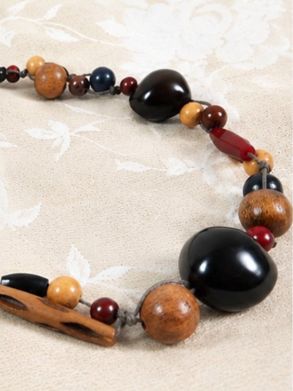 One-of-a-kind, Earthy boho look necklace with kukui nut beads and red accents